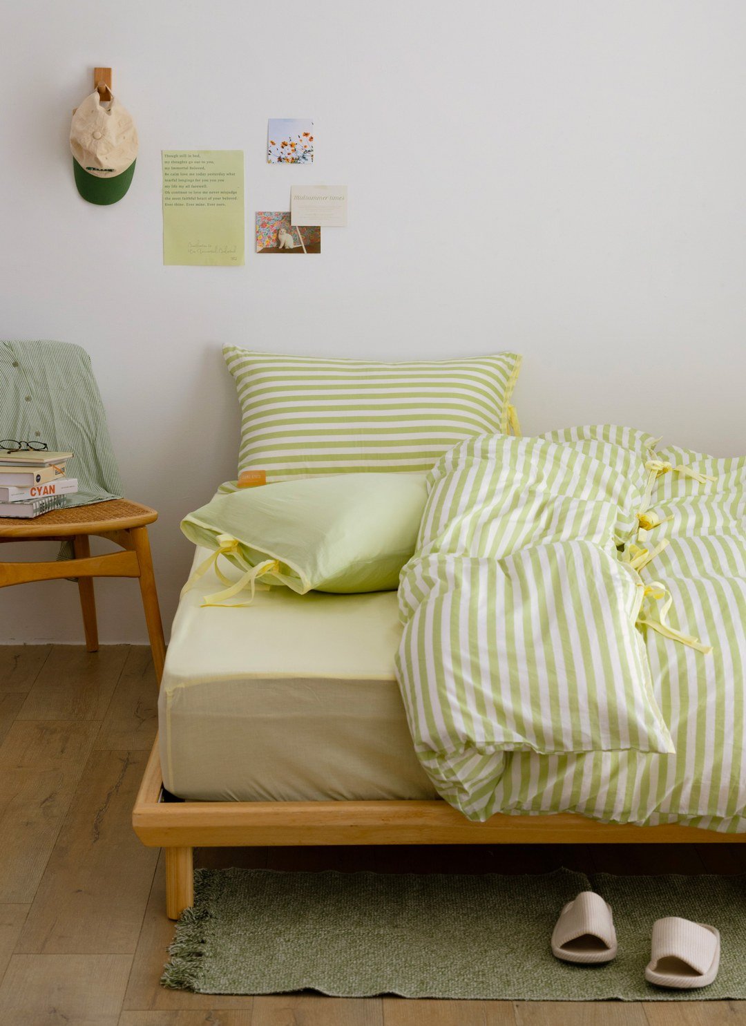 檸檬 x 開心果 - 華爾紗 ( 純棉 ) 四件組 ( 檸檬床包 + 開心果條紋被套 + 一素色一條紋枕套 )
