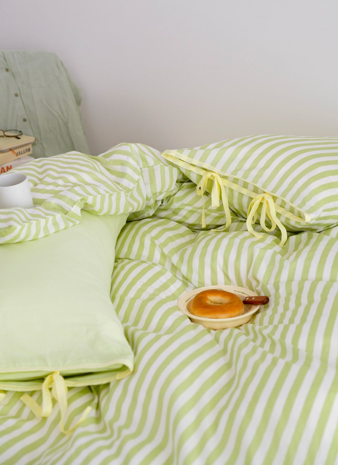 檸檬 x 開心果 - 華爾紗 ( 純棉 ) 四件組 ( 檸檬床包 + 開心果條紋被套 + 一素色一條紋枕套 )