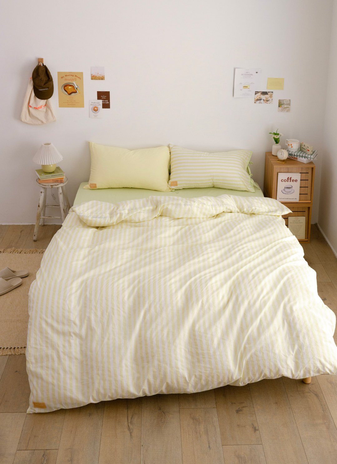 開心果 x 檸檬 - 華爾紗 ( 純棉 ) 四件組 ( 開心果床包 + 檸檬條紋被套 + 一素色一條紋枕套 )