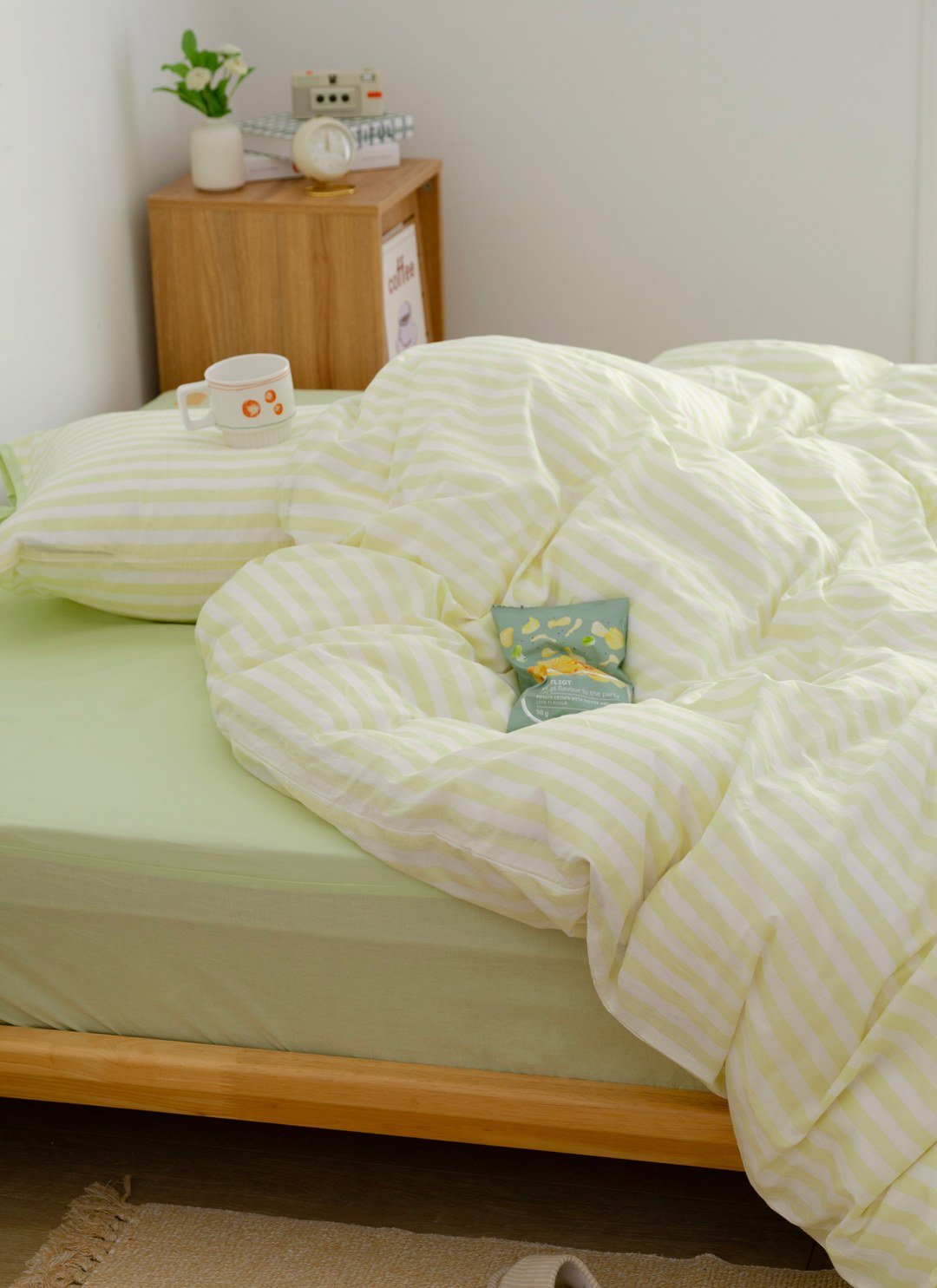 開心果 x 檸檬 - 華爾紗 ( 純棉 ) 四件組 ( 開心果床包 + 檸檬條紋被套 + 一素色一條紋枕套 )