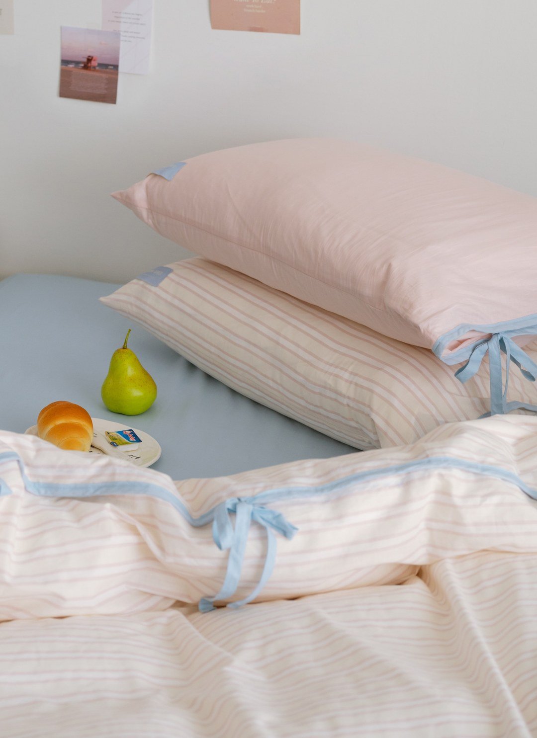 海鹽 x 莓果 - 華爾紗 ( 純棉 ) 四件組 ( 海鹽床包 + 莓果條紋被套 + 一素色一條紋枕套 )