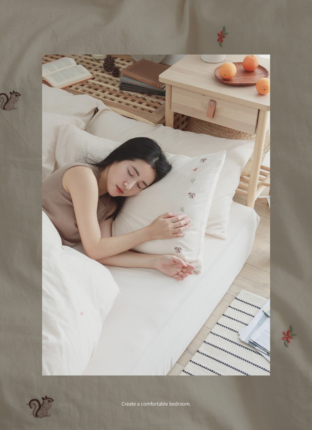 燕麥杏ｘ松鼠刺繡 - 水洗棉刺繡枕套 / 2入組