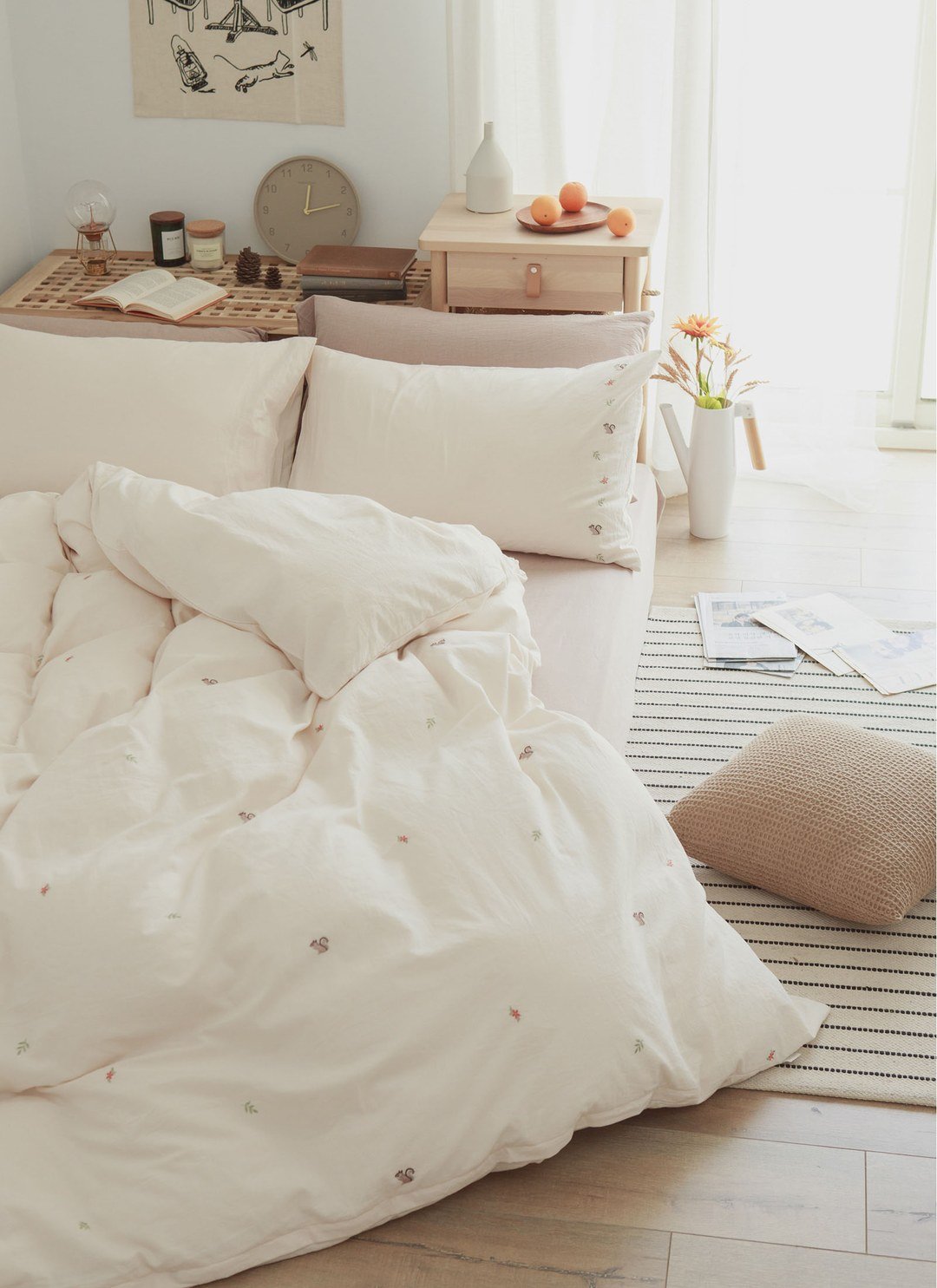 燕麥杏ｘ松鼠刺繡 - 水洗棉刺繡枕套 / 2入組