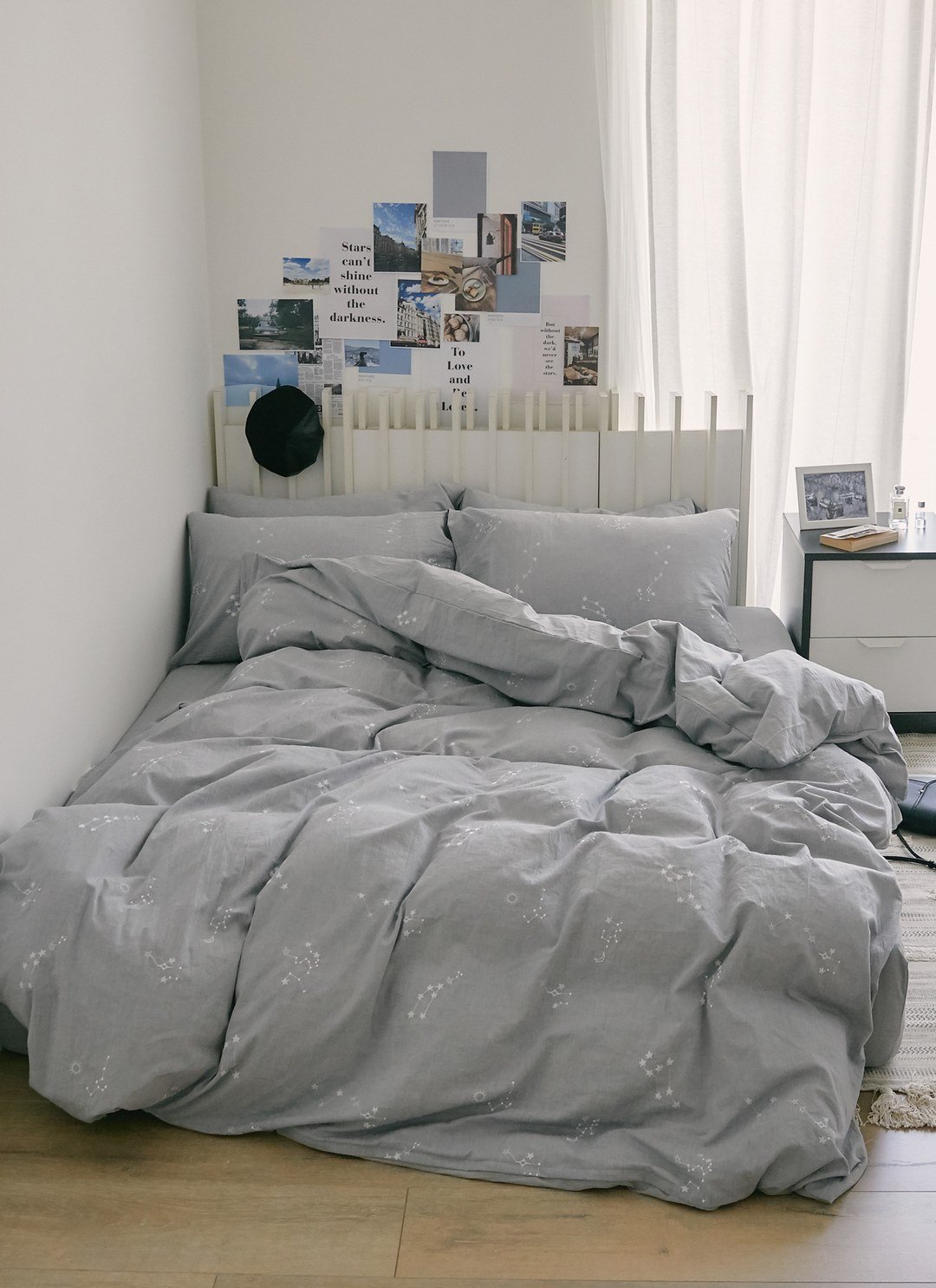 淺藍灰ｘ星空刺繡 - 水洗棉刺繡枕套 / 2入組