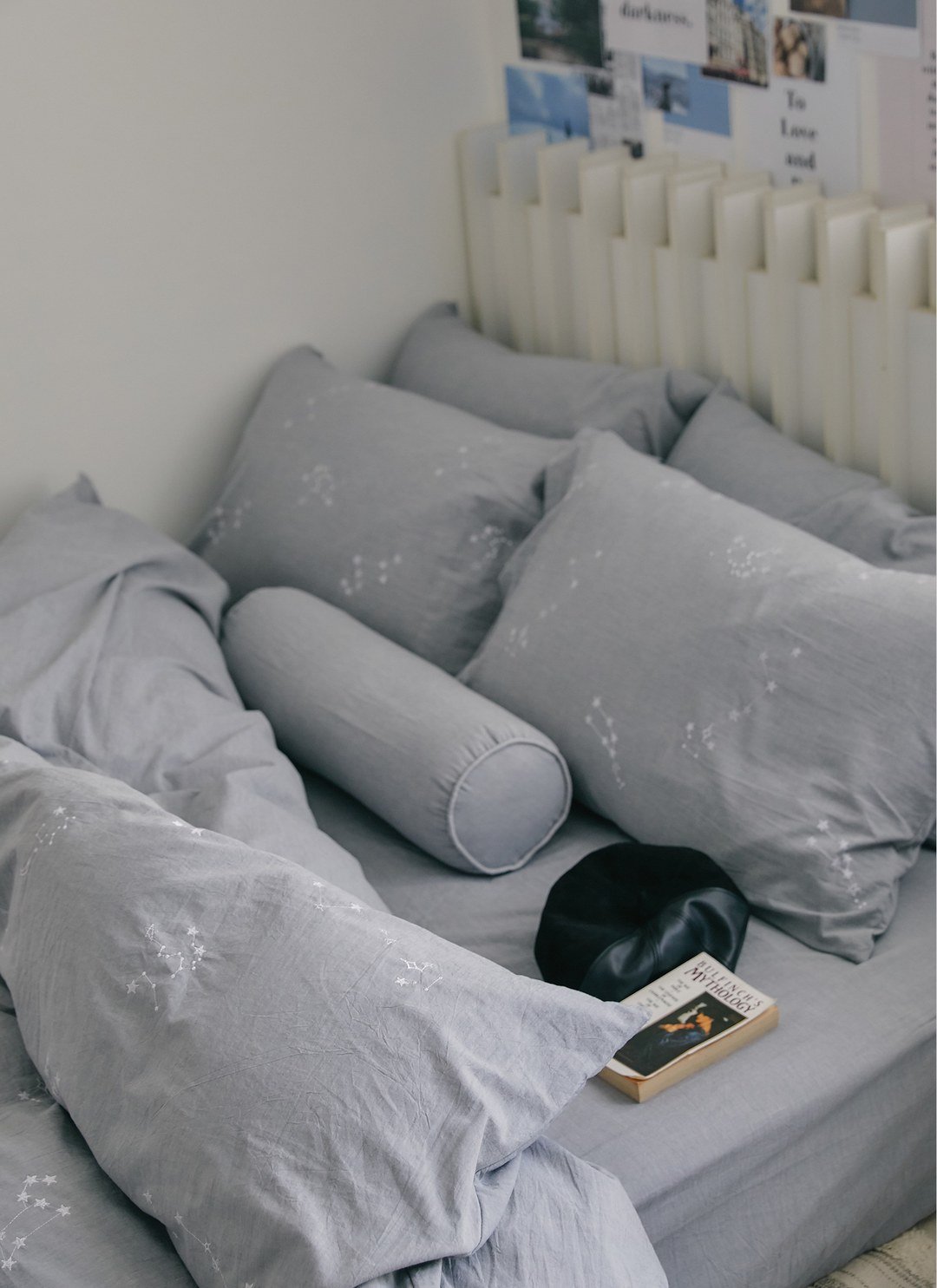 淺藍灰ｘ星空刺繡 - 水洗棉刺繡枕套 / 2入組