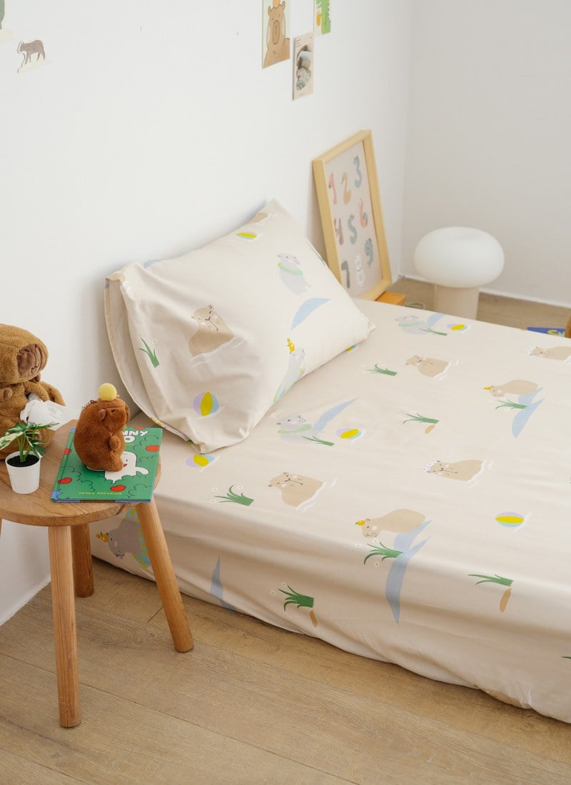 慢豚豚 - 純棉抗菌床包組（床包＋枕套）