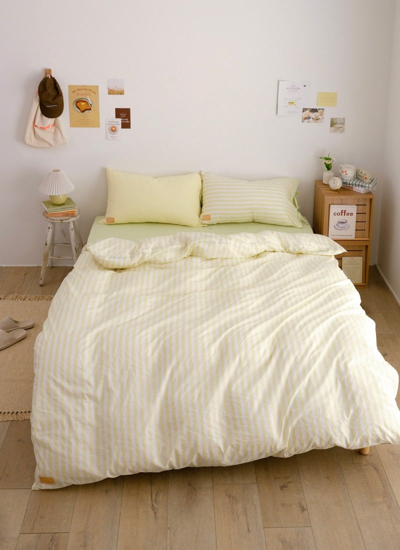 開心果 x 檸檬 - 華爾紗 ( 純棉 ) 四件組 ( 開心果床包 + 檸檬條紋被套 + 一素色一條紋枕套 )