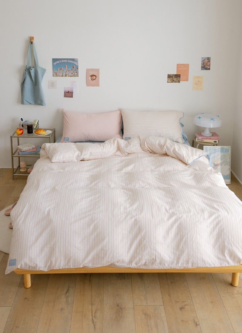 海鹽 x 莓果 - 華爾紗 ( 純棉 ) 四件組 ( 海鹽床包 + 莓果條紋被套 + 一素色一條紋枕套 )