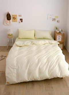 開心果 x 檸檬 - 華爾紗 ( 純棉 ) 四件組 ( 開心果床包 + 檸檬條紋被套 + 一素色一條紋枕套 )